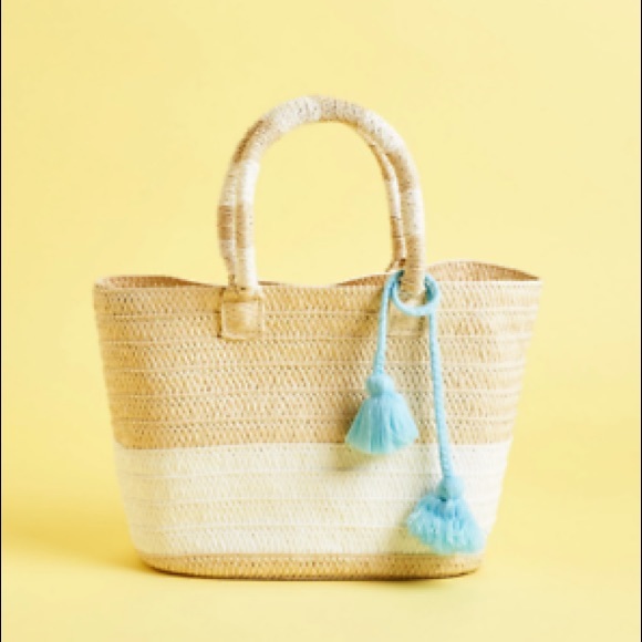 Handbags - Altru Straw Tote Tan & White w/ Blue Tassle Market/Beach Pool Bag Ethical